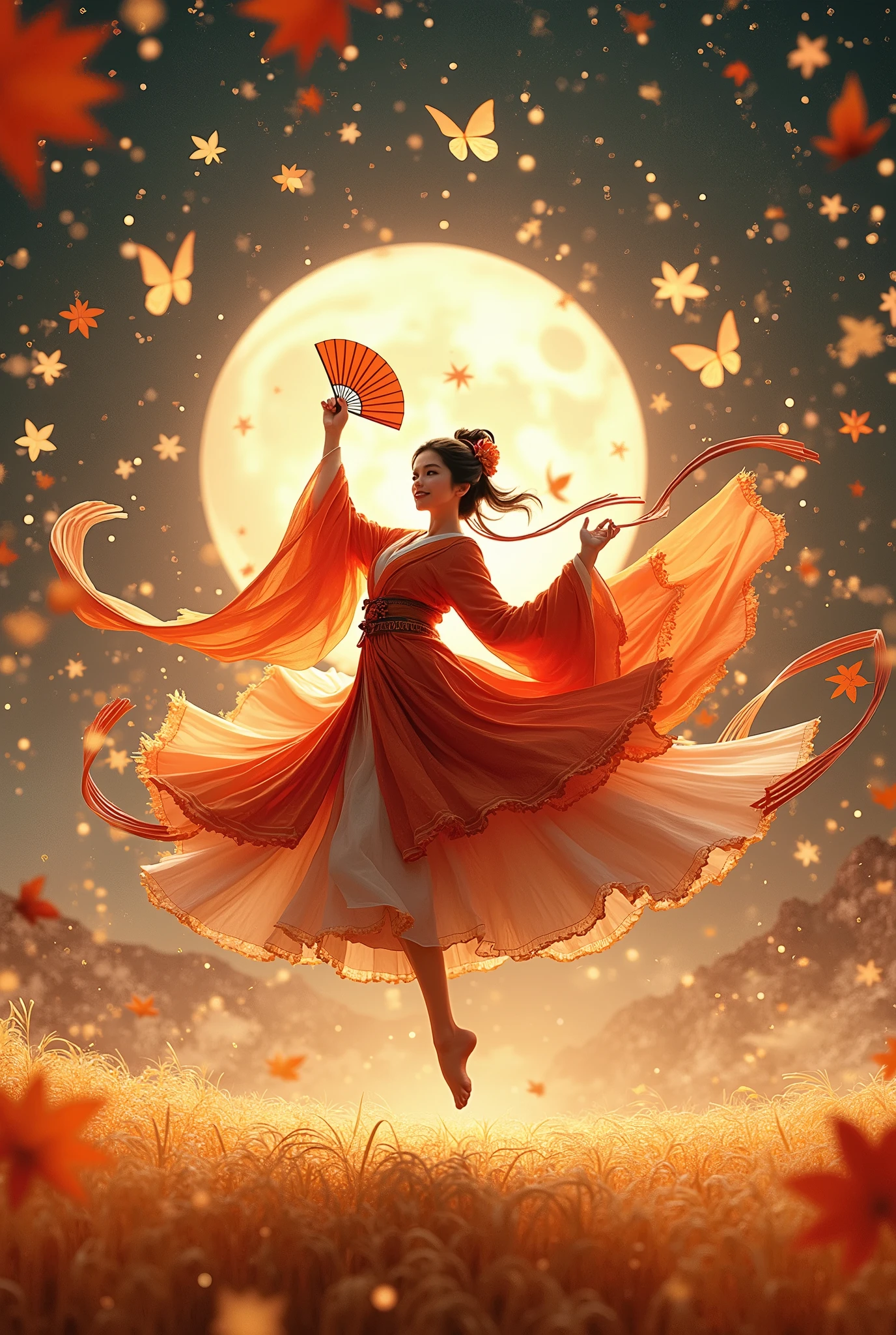 Super realistic, Digital Artwork. Super detailed. A Epic dance that vividly expresses chaos and abundance. A dance of dynamic and complex movements. Princess Tatsuta, the Japanese goddess of autumn, performs an intricate dance in the air with a folding fan in a shrine maiden costume amid a whirling storm. Acrobatic position with both legs visible and looking at the viewer with Gently smile. A great many thin, colorful strips extend from the fan and the sleeve of the costume. In the rotating storm, numerous butterfly elements and numerous maple leaf elements fill the screen in complex patterns accompanied by sparkling light particles. The top of the screen displays the moon and countless large and small stars. Golden ears of rice spread out like a carpet at the bottom of the screen. A bold color palette based on orange, brown and madder. Motion bokeh effect, hyper Realistic, Cinematic Lighting