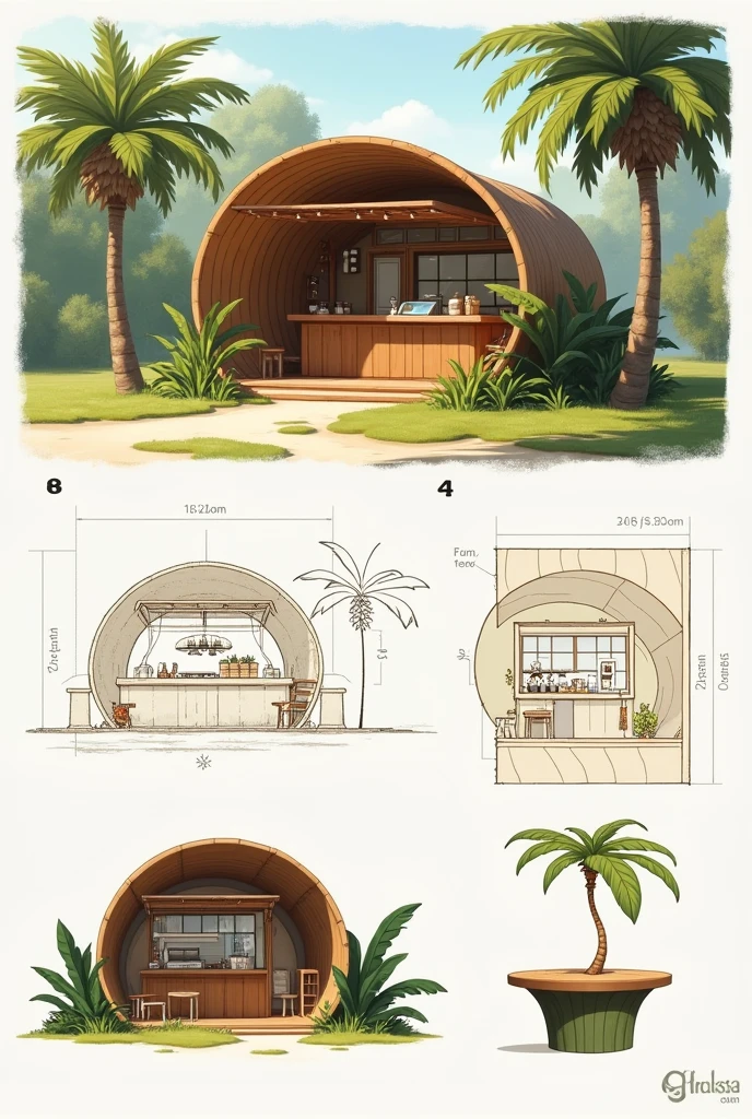 Make me a simple, one storey, cozy coffee station.  Put the presence of the palm leaf within the design.
Make it:

1st picture: the whole sketch of the structure 
2nd picture: the floorplan
3rd picture: the furnitures to be used. Make it customized and related to a palm leaf.

Strictly follow my instructors