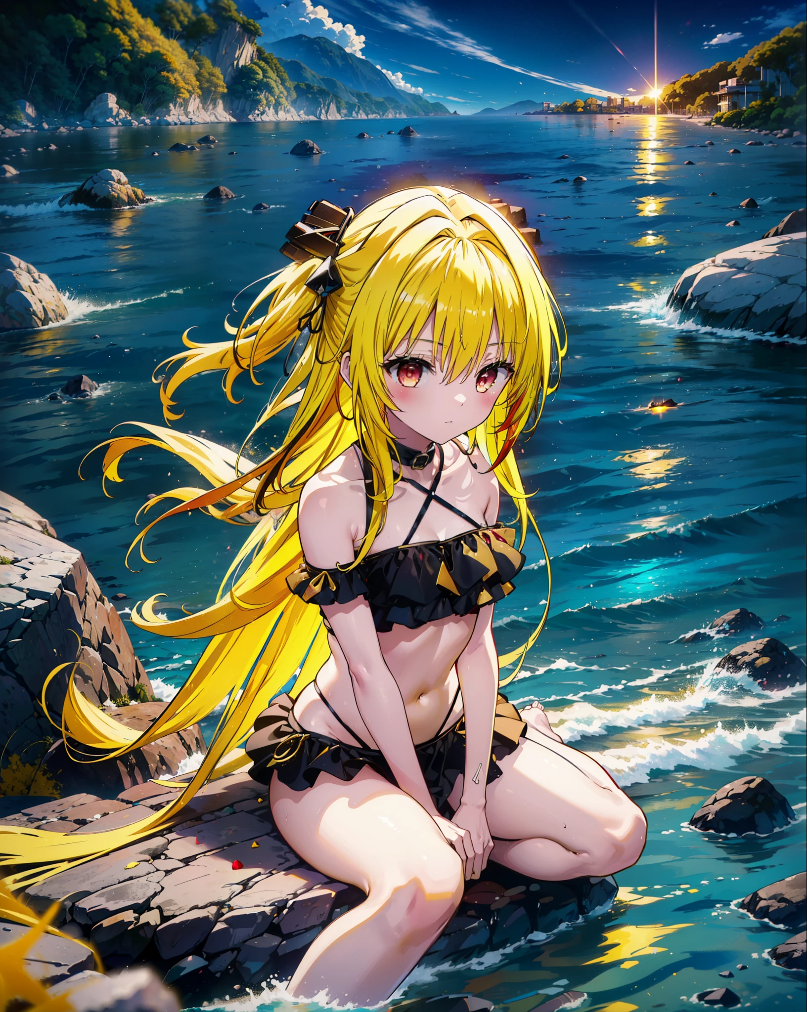 toloverumy, my, (Yellow Hair:1.5), Long Hair, (Red eyes:1.5), (hair ornaments:1.2), Both sides up, Black frilly bikini swimsuit,,barefoot,Sitting on a big rock,Rocky area,night,moonlight,meteor,whole bodyがイラストに入るように,
break outdoors, Beach,
break looking at viewer, whole body,
break (masterpiece:1.2), Highest quality, High resolution, unity 8k wallpaper, (figure:0.8), (Beautiful attention to detail:1.6), Highly detailed face, Perfect lighting, Highly detailed CG, (Perfect hands, Perfect Anatomy),