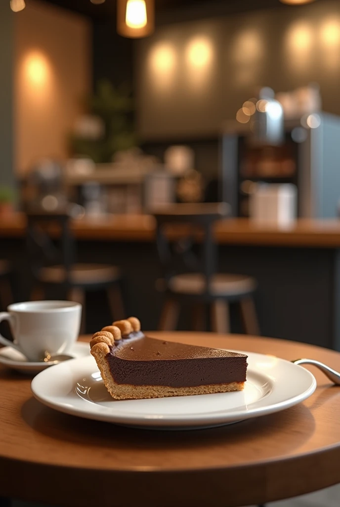 best qualityer:1.4), (ultra high resolution:1.2), (photorrealistic:1.4), (8k, CRU photo:1.2), 1 Starbucks and a white plate with a chocolate pie on the table. Table is brown