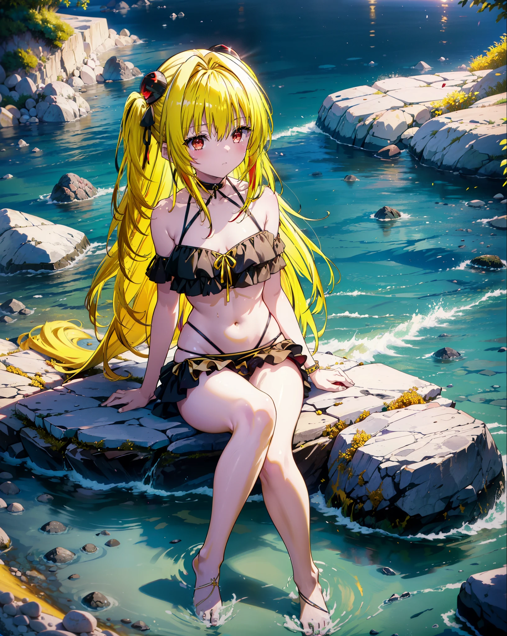 toloverumy, my, (Yellow Hair:1.5), Long Hair, (Red eyes:1.5), (hair ornaments:1.2), Both sides up, Black frilly bikini swimsuit,,barefoot,Sitting on a big rock,Rocky area,night,moonlight,meteor,whole bodyがイラストに入るように,
break outdoors, Beach,
break looking at viewer, whole body,
break (masterpiece:1.2), Highest quality, High resolution, unity 8k wallpaper, (figure:0.8), (Beautiful attention to detail:1.6), Highly detailed face, Perfect lighting, Highly detailed CG, (Perfect hands, Perfect Anatomy),