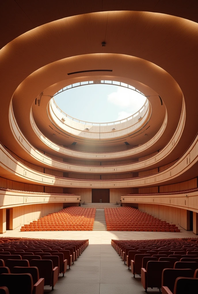 3d design of theatre that has 1078 seats and curved design simple only and the pov is on the stage no seats in the second floor