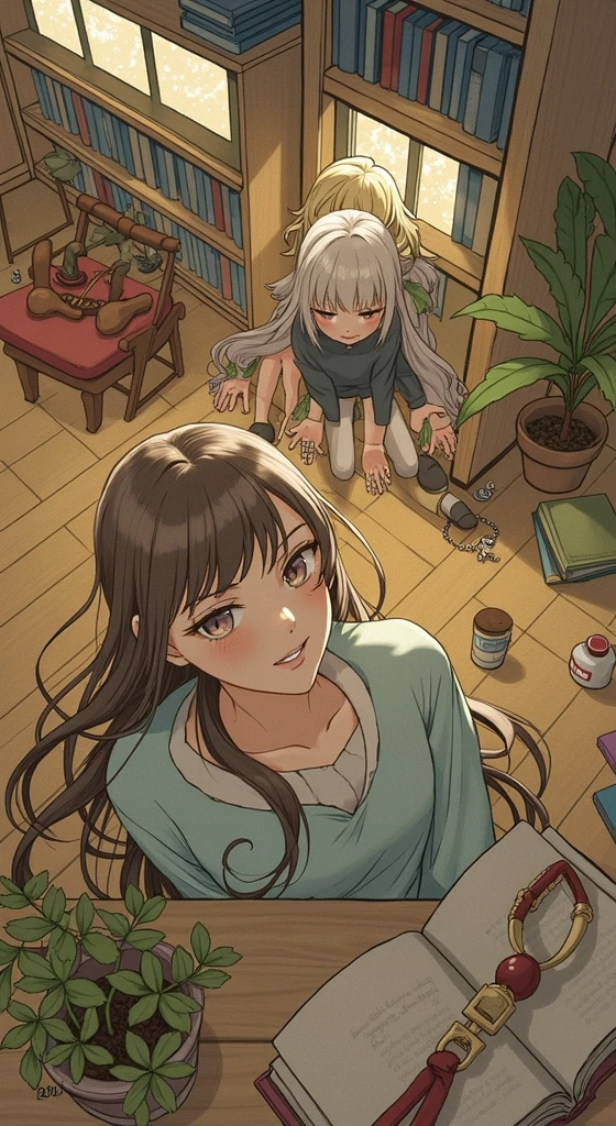 (hair swept bangs:1.3), (long brown hair:1.3), anime art of one girl in a room with a shelf full of items, long hair, smile, multiple girls, blonde hair, 1girls, jewelry, sitting, closed eyes, braid, flower, white hair, food, indoors, bracelet, book, window, single braid, from above, chair, plant, open book, bookshelf, shelf, jar anime style, from girls frontline, fine details. girls frontline, girls frontline universe, girls frontline style, girls frontline, girls frontline cg, soft anime illustration, 2 0 2 2 anime style, 2022 anime style, pixiv contest winner, pretty anime character design, render of april