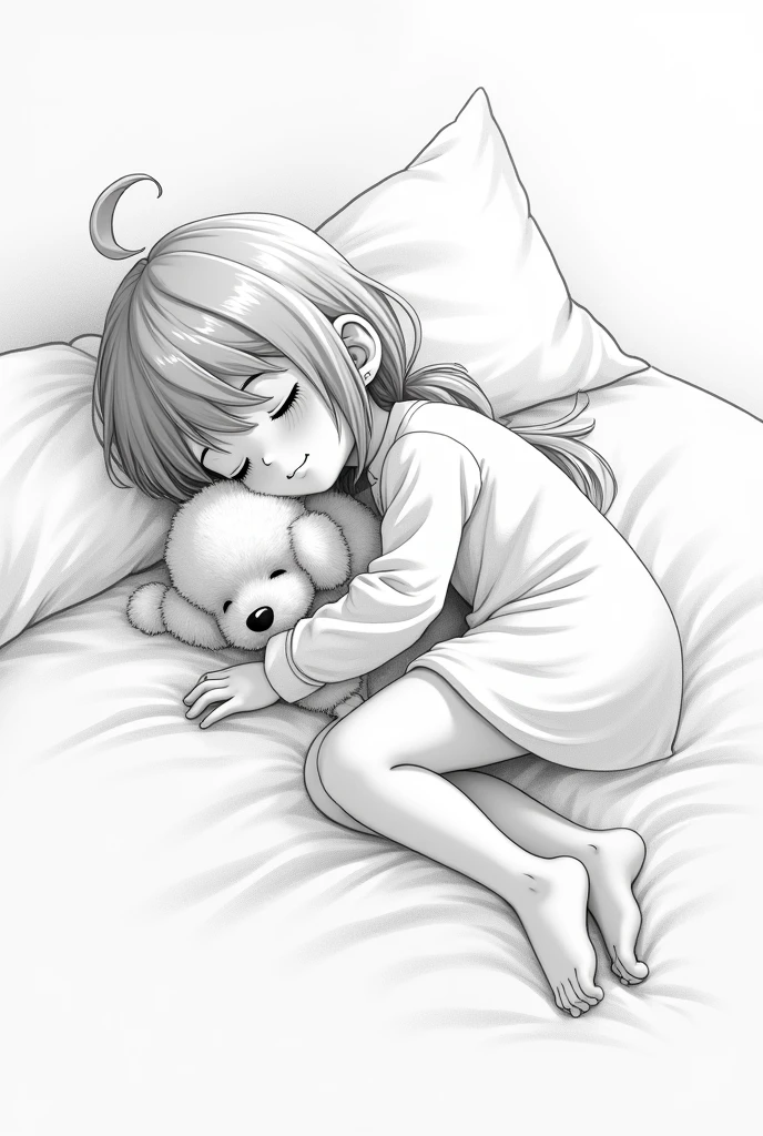 It says "Zzzzzzz", Monochrome, Pencil drawing, self-portrait, cute, , Little toy poodle, sleep together, Happy, shading, Shadow, Contrast, Conceptual installation art, 2.5D, Subtle and dynamic effects, Iris Effect, artistic, Hyper, Graphics CG Digital Art, (anime, manga, comics, figure)-style
