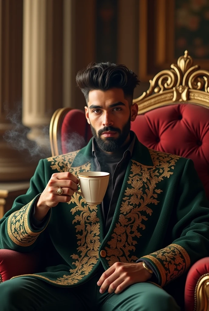 Zayn malik with beard as king with coffee in his hands sitting in a mansion