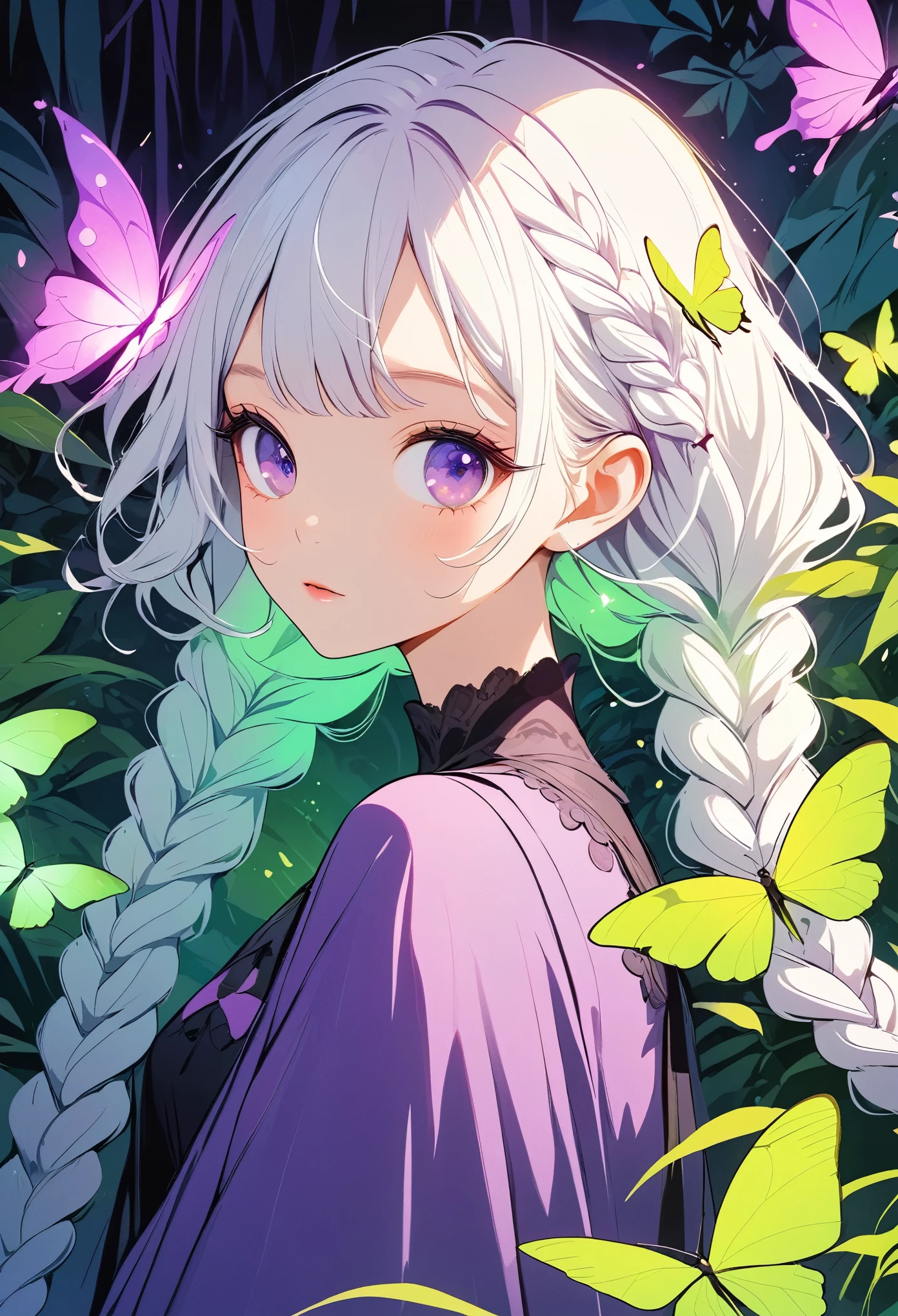 Vector illustration，Beautiful witch with two purple braids，Lovely：1.37，Purple Eyes，White hair-purple-long braids。jungle，vegetation，Lush，, Digital illustration style, Fluorescent green color scheme, Soft shadows, Simple line art, close up, Minimalism, Soft colors, Swarms of glowing butterflies，