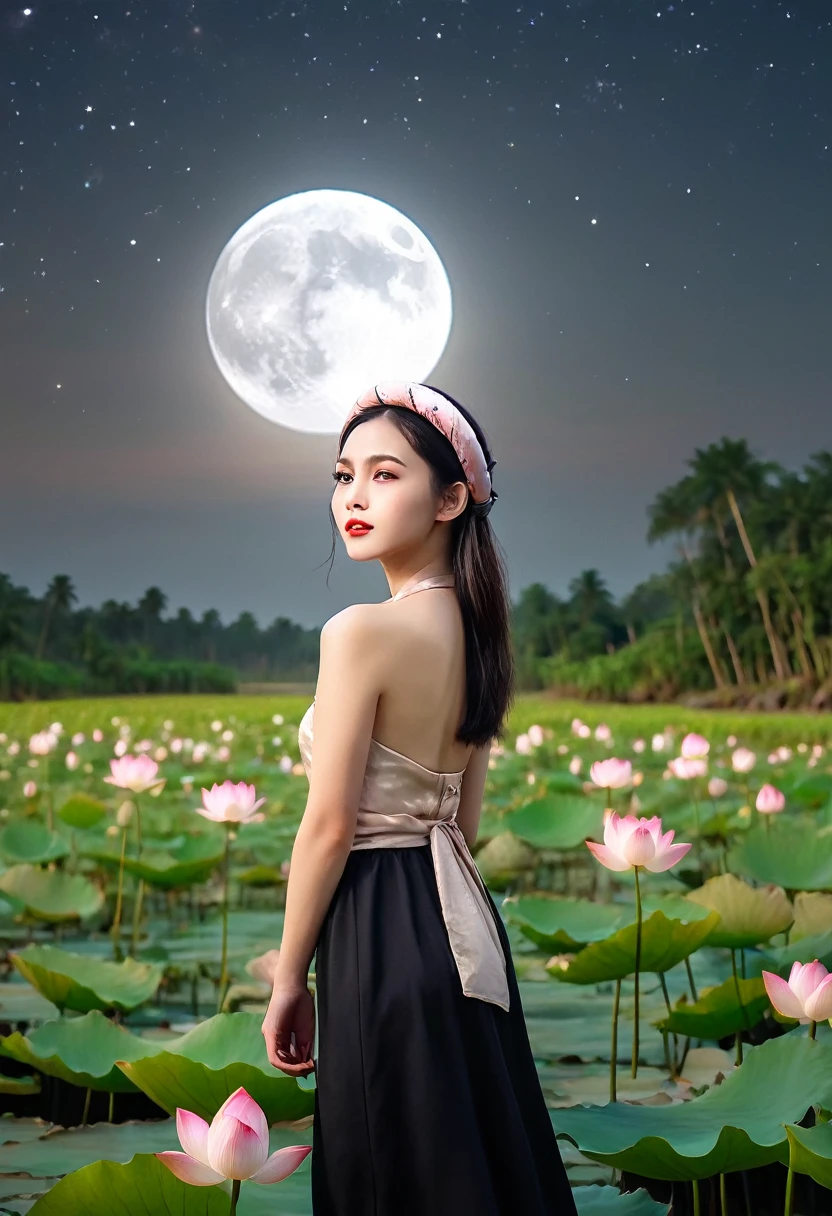 wide angle camera shot full body, ((night sky: 1.2)), fashion fairytale shot, high camera angle of beautiful Vietnamese girl inVietnamese girl wear aoyem, mung headband, gorgeous, sophisticated design, bold fashion, impressive figure, next to lotus pond scene, village, realistic details, extremely detailed, 8K, super realistic, dynamic pose, cinematic night lighting, low vivid, cinematic color tone, super detailed skin, wind blown, falling petals, ((night moon light lighting: 1.5)), ((night sky: 2.0))
