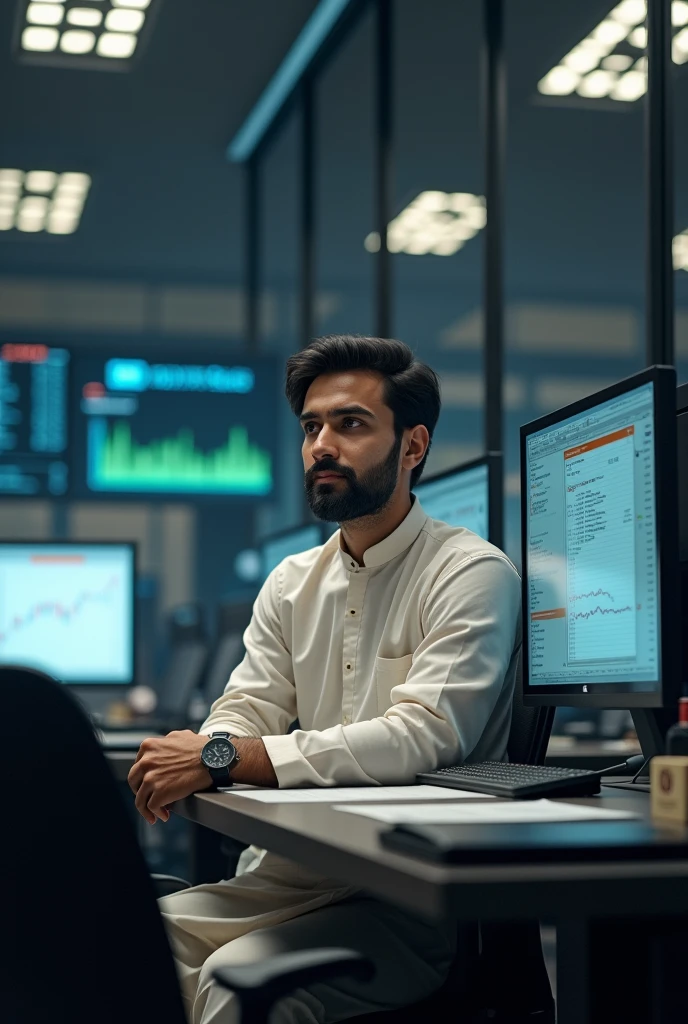 A young man alone with kurta sitting on the trading desktop