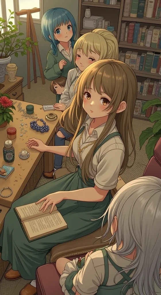 (hair swept bangs:1.3), (long brown hair:1.3), anime art of one girl in a room with a shelf full of items, long hair, smile, multiple girls, blonde hair, 1girls, jewelry, sitting, closed eyes, braid, flower, white hair, food, indoors, bracelet, book, window, single braid, from above, chair, plant, open book, bookshelf, shelf, jar anime style, from girls frontline, fine details. girls frontline, girls frontline universe, girls frontline style, girls frontline, girls frontline cg, soft anime illustration, 2 0 2 2 anime style, 2022 anime style, pixiv contest winner, pretty anime character design, render of april