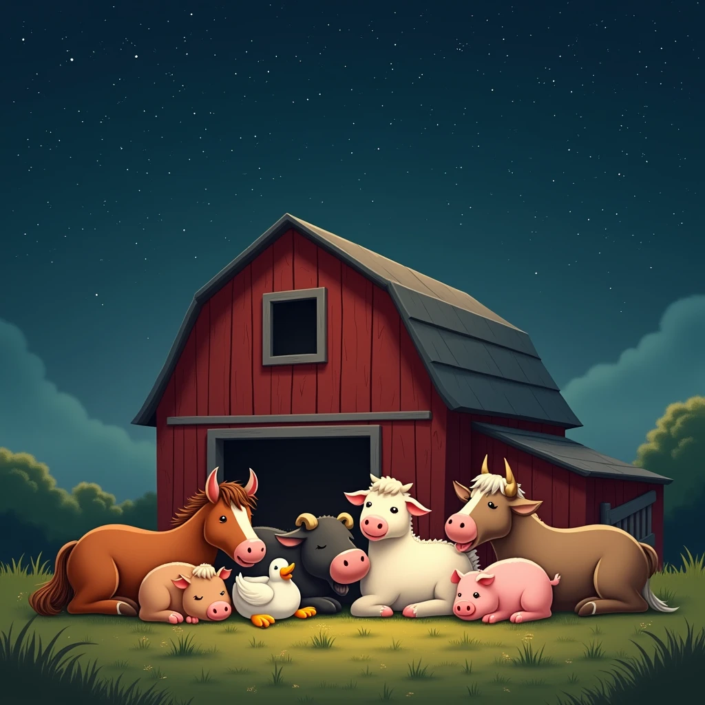 stars twinkled bright in the night sky, horse, cow, chicken, duck, pig, sheep and goat sleep together, big red barn