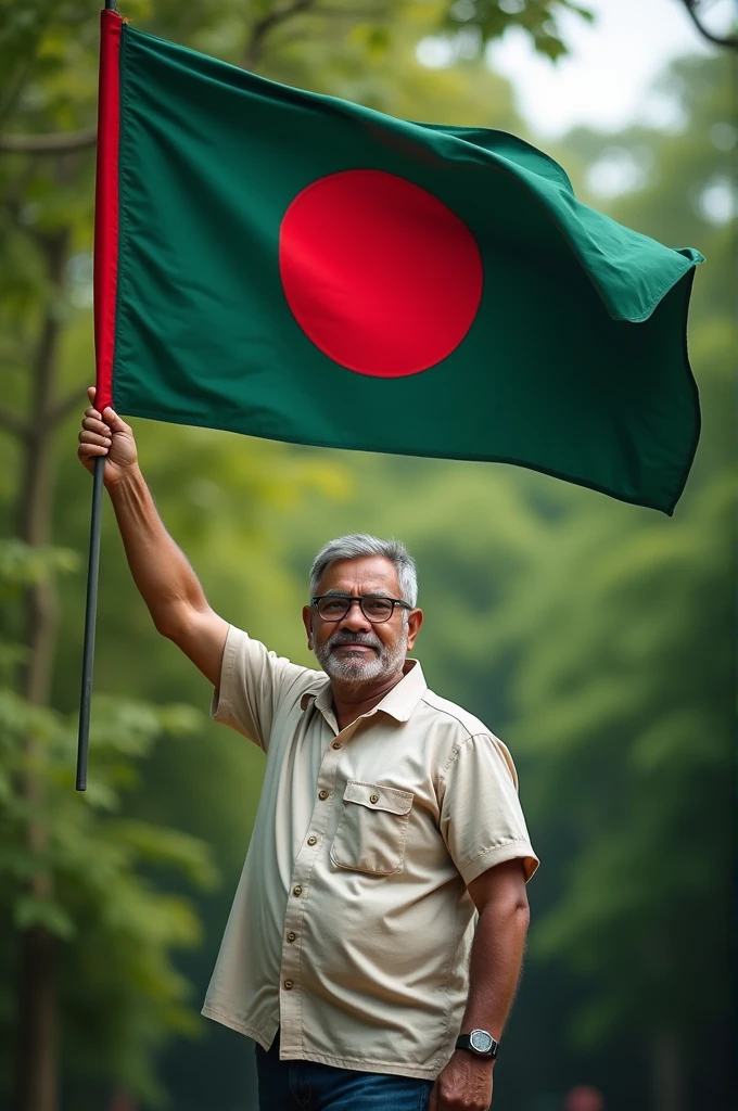 A man is standing with the flag of Bangladesh