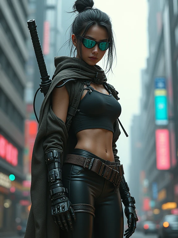 3000 years、Metropolis、A female samurai with a cyborg half-body、cyber punk、(((Mirror goggles embedded in the face)))、can'I can see your gaze、Grab the gun、Estimated Age20-year-old、Bodysuits that fit the body、skinny、skinnyパンツ、Casual wear、Wear a half coat、Ready for battle