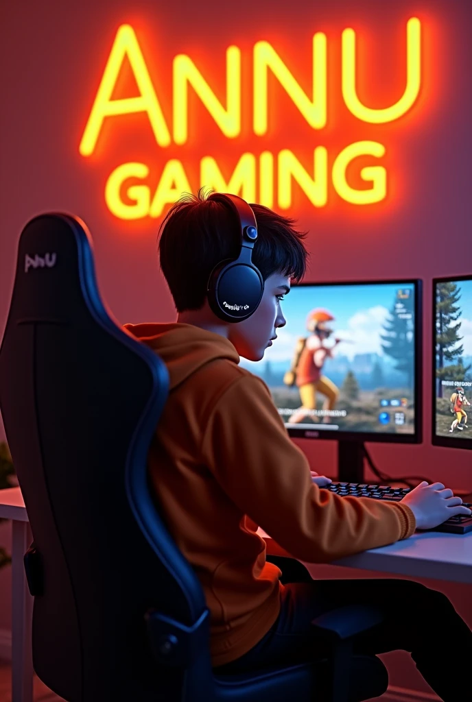 Create A 3D Realistic image of a Boy sitting in gaming room on gaming chair and playing on Free Fire application on his pc. The girl must wear dark orang hoodie headphones And his name "Annu Gaming" is Written on the wall with orange colour neon light.