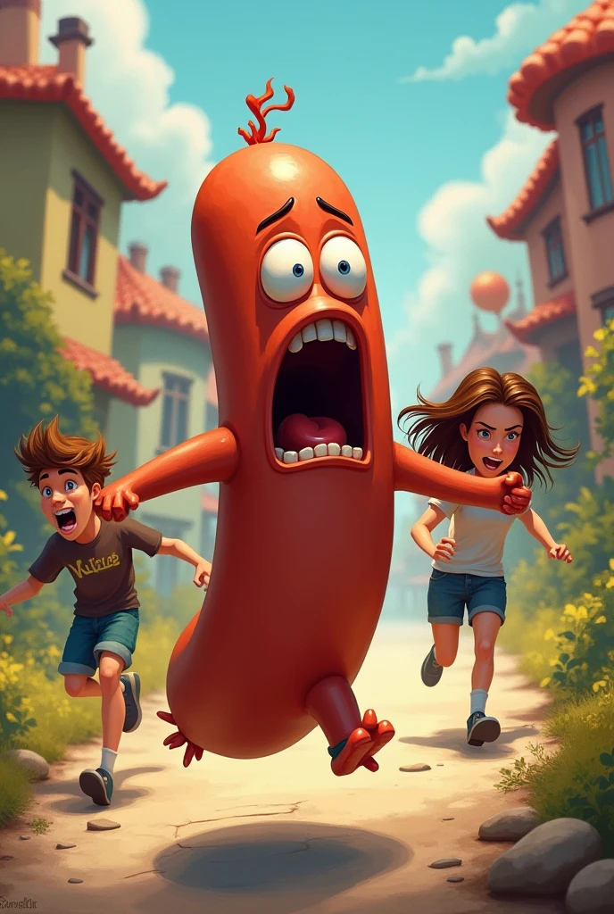 Un saucisson avec un visage effrayé qui se fait poursuivre par une adolescente et un adolescent brun