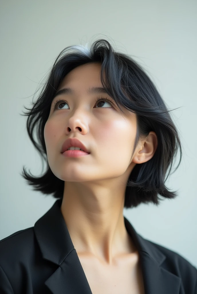 Asian young adult, fly away, black hair with white front, realistic professional photo, for job profile