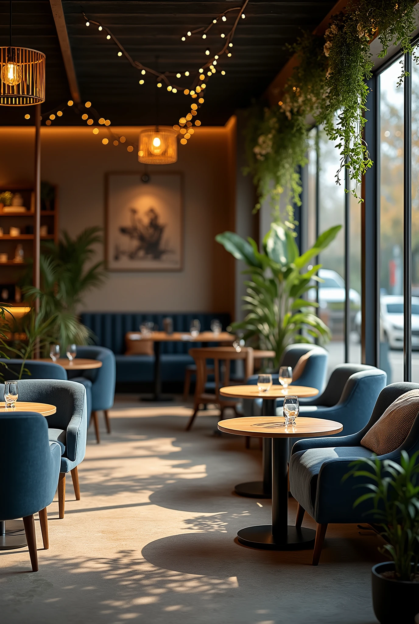 Restaurant in beige and blue tones, Photo, comfortable, dark atmosphere, Garlands, Upholstered armchairs, flowers, wide view