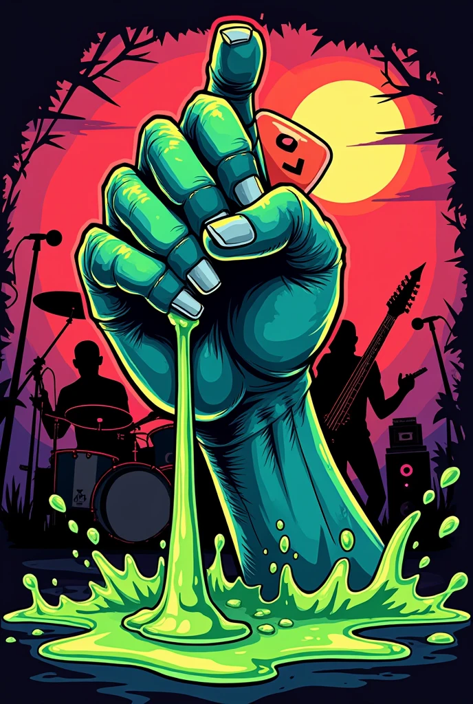 A cartoon street art style rock band logo that portrays a dirty hand , holding a rock guitar pick, drenched in green goo, has a silhouette rock band instruments in the background, with a green goo writings in front saying "Bandang Luglog"