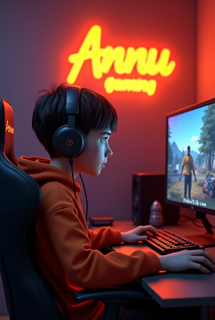 

Create A 3D Realistic image of a Boy sitting in gaming room on gaming chair and playing on Free Fire application on his pc. The girl must wear dark orang hoodie headphones And his name "Annu Gaming" is Written on the wall with orange colour neon light.