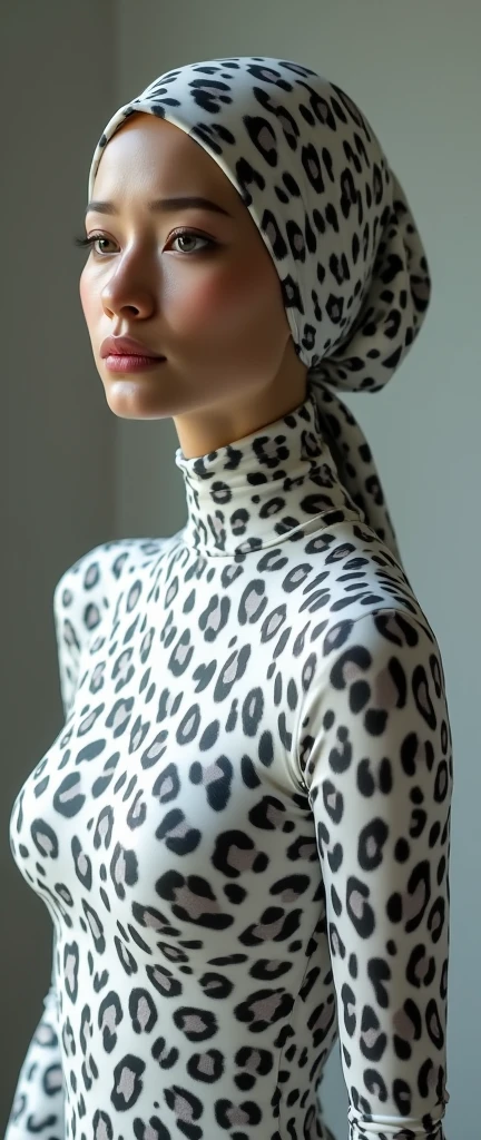 The most beautiful,thin,most pretty and clever Asian muslimah adult girl wears white leopard print lycra turtleneck unitard catsuit covered with spots.She always wear white leopard print lycra dancewear stretchy square hijab covered with many spots.She is crying into tears.