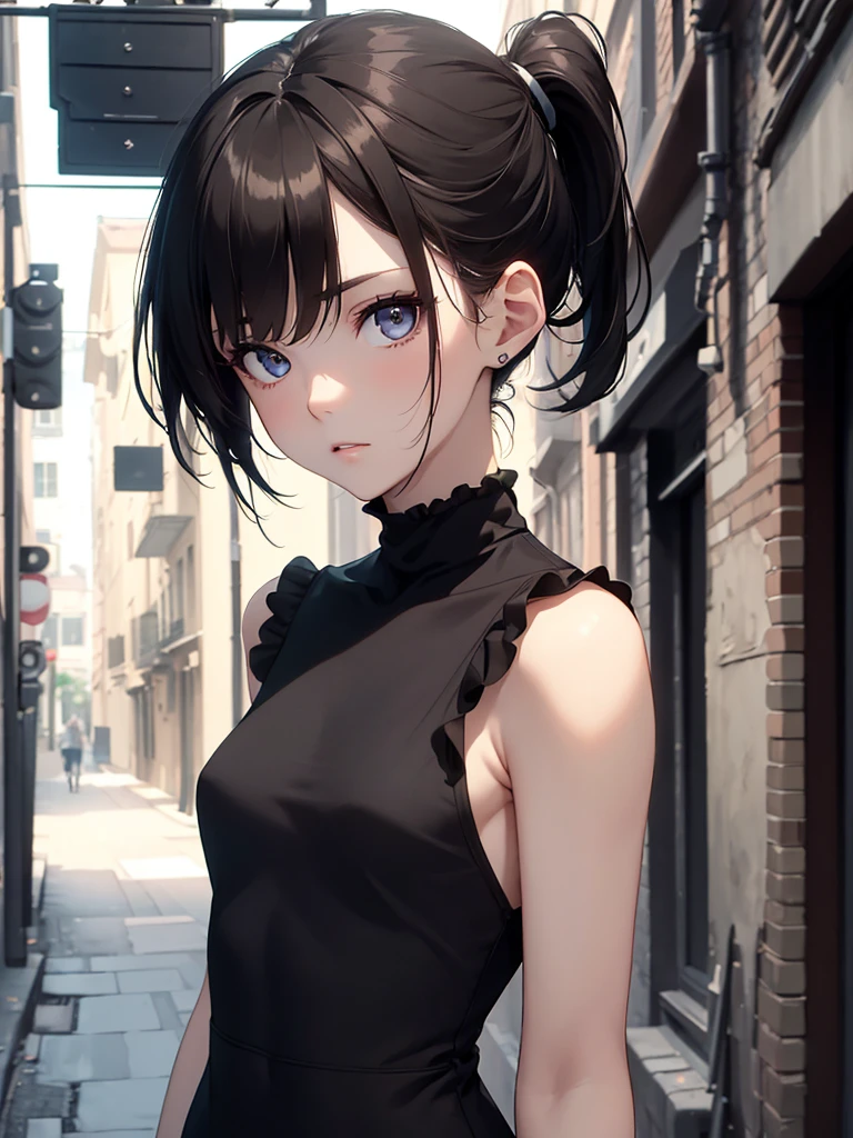 (8K, Best Quality, Masterpiece, Ultra High Resolution) Single Person, 1 Girl, Cute Eyes, Face Details, Pale Skin, Slender, Short, Black Hair, Slender Body, Ponytail, Brown Eyes, Wearing Tight Black Dress, Dark Alleyway, Best Quality, Upper Body, Looking at the Viewer, Facing Viewer, Close Up