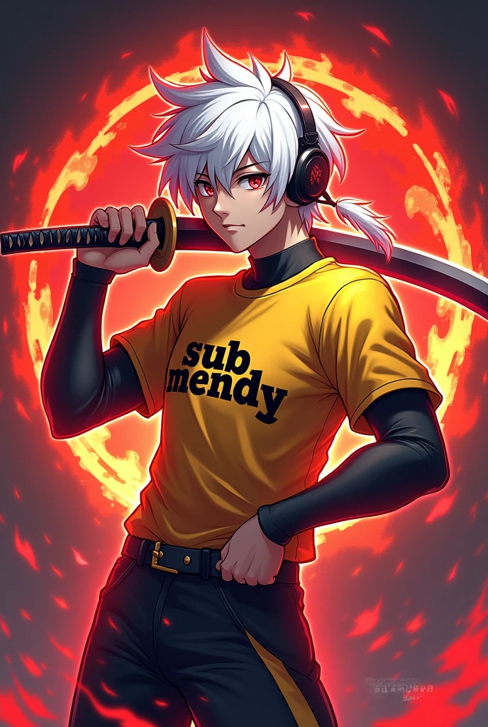 A anime and gaming mix logo  male white hair wearing headphones holding a katana with red aura effect wearing a yellow esports shirt on the shirt there is the word "sub mendy" with flaming burningand world cutest and kind and strongestand god also cant beat him 