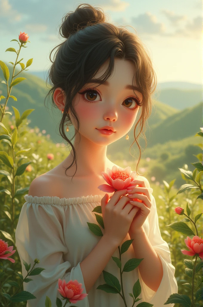 masterpiece, ultra detailed, 8k, masterpiece, hd, hdr, full hd, background, standing, extremely detailed face, extremely detailed eyes, score_9, score_8_up, score_7_up, best quality, masterpiece, 4k, uncensored. bloom, soft lighting, very aesthetic, official art, anime coloring, cinematic angle,1girl, white and gold lace dress, off-shoulder dress, gold eyes, straight long brown hair with center part, French braid hairstyle, in summer garden, baby's breath flower, close up, (both hands covering face), model pose, slight smile, small face,