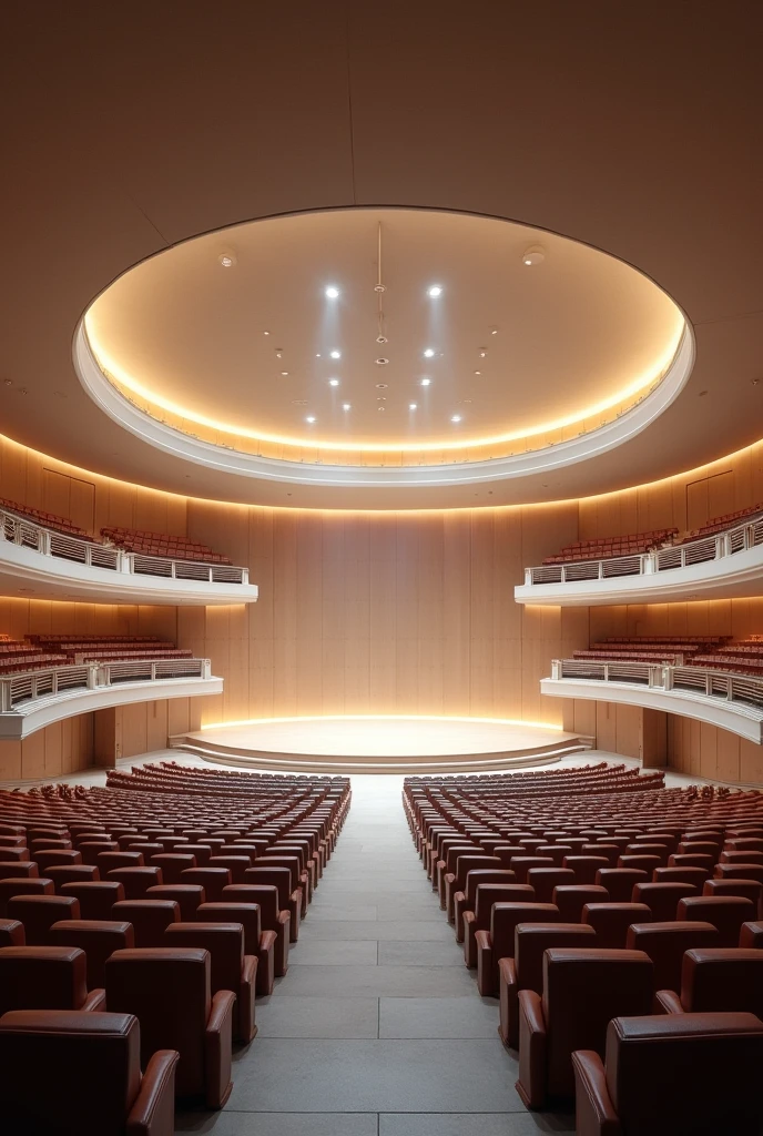 3d design of theatre that has 1078 seats and curved design simple only and the pov is on the stage no seats in the second floor and it is a inside theatre close