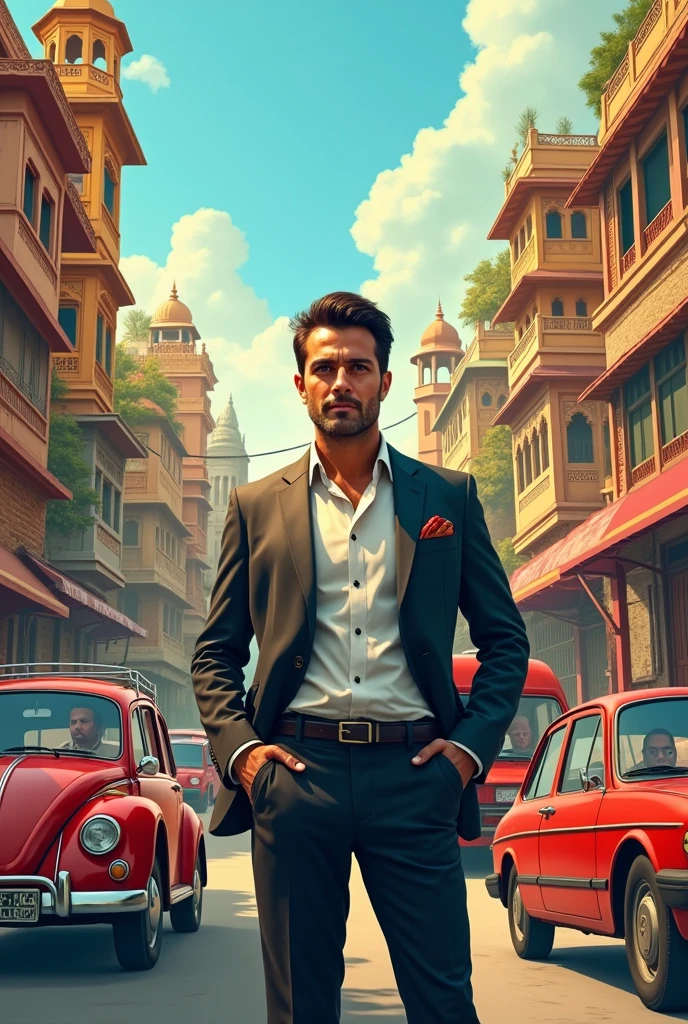 A man ,a car,a bus,a city, background indian house