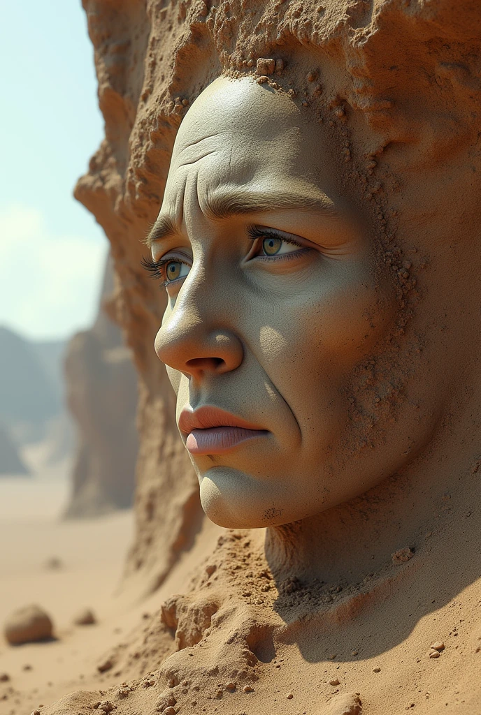 Can you create for me a hyper realistic 4D photo of a sad human face etched into a mountain with sand but which disintegrates on one side and evaporates into the air in smoke of small particles visible to the naked eye?. 