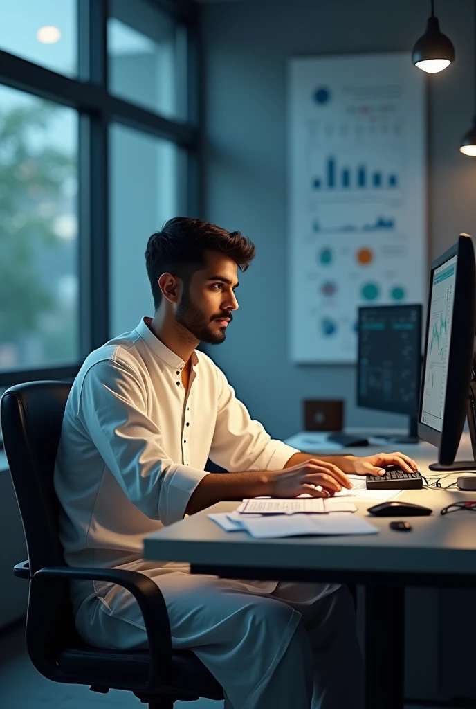 A young man alone with kurta sitting on the trading desktop