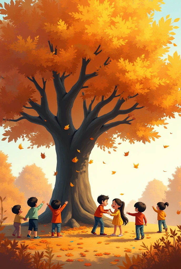Picture of Autumn yellow orange leaves and tree and animals and kids playing 
