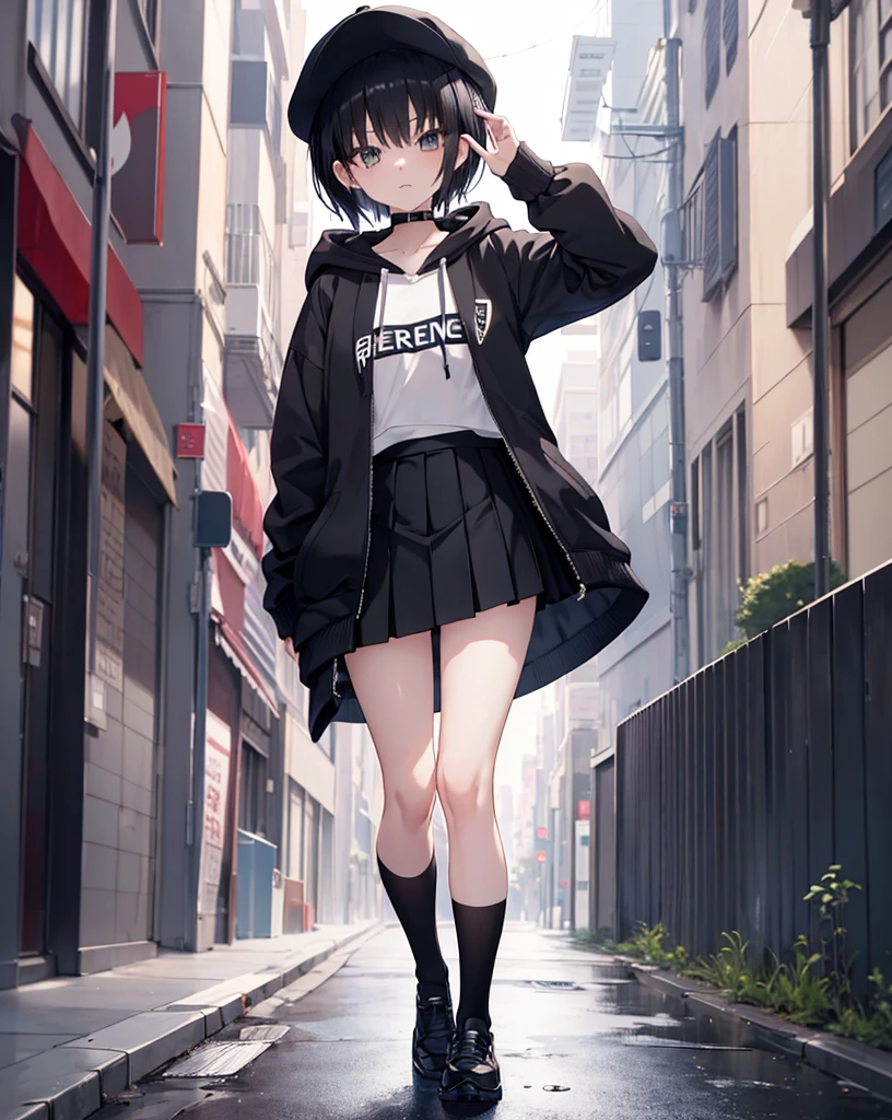 anime, Highest quality, masterpiece, High resolution, stylish, cute ,One person, alone, short hair, Black Hair, hoodie, Mob Cap, Runaway girl, street, Grab the skirt,Thigh-high stockings, Pleated skirt, Ultra mini skirt