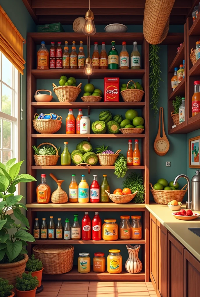 Food pantry in kitchen with phillipines food, pinoy vegetables, cocacola softdrinks, 