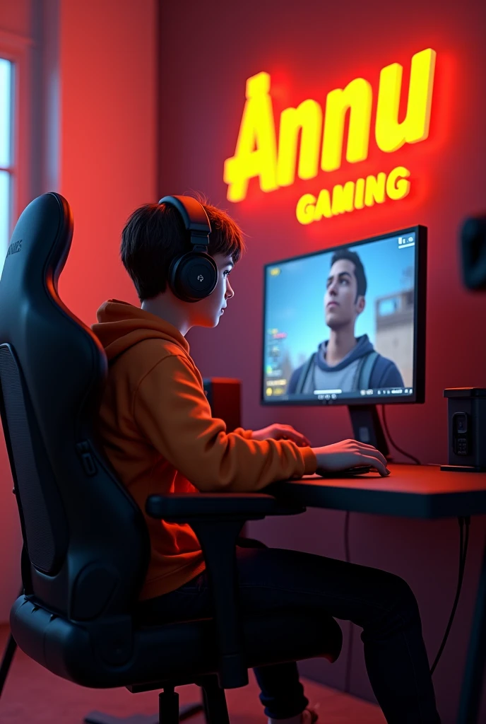 

Create A 3D Realistic image of a Boy sitting in gaming room on gaming chair and playing on Free Fire application on his pc. The girl must wear dark orang hoodie headphones And his name "Annu Gaming" is Written on the wall with orange colour neon light.