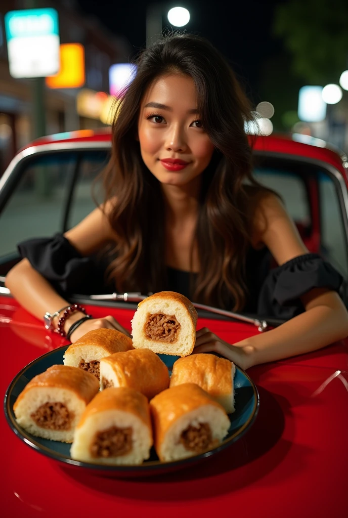 advertising photography, Beautiful brunette girl with long hair of European appearance, in a red car, transports huge delicious Japanese Philadelphia rolls, Studio Photography, studio lighting, realistic skin texture and detail, background dark night street