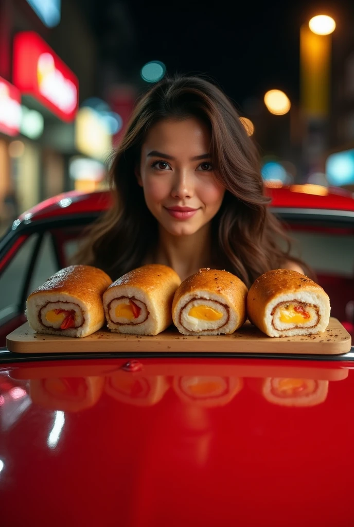 advertising photography, Beautiful brunette girl with long hair of European appearance, in a red car, transports huge delicious Japanese Philadelphia rolls, Studio Photography, studio lighting, realistic skin texture and detail,  background dark night street
