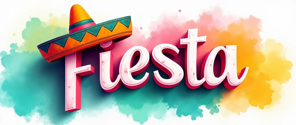 banner with the background colour in watercolours teal, pink and yellow, the word "Fiesta" in bold in the forefront of the poster with a sombrero at the end of the word ontop the "a" of the word, the writing must also incorporate the colours teal pink and yellow