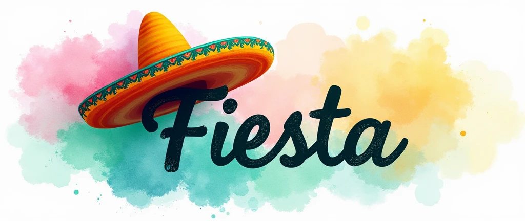 banner with the background colour in watercolours teal, pink and yellow, the word "Fiesta" in bold in the forefront of the poster with a sombrero at the end of the word ontop the "a" of the word, the writing must also incorporate the colours teal pink and yellow