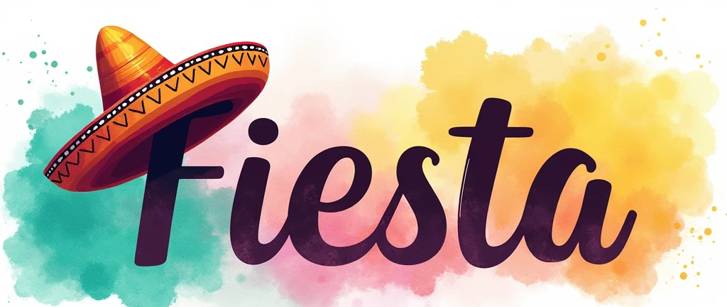banner with the background colour in watercolours teal, pink and yellow, the word "Fiesta" in bold in the forefront of the poster with a sombrero at the end of the word ontop the "a" of the word, the writing must also incorporate the colours teal pink and yellow