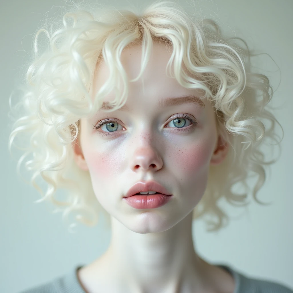 Lightskined African woman ( albinos, 21yo, dimples on cheeks, Instagram model, petite) with white pale skin and frizzy hair posing for a picture, inspired by Martin Schoeller, - pale skin!, white skin tone, with a white complexion, pale beautiful skin, light skinned african young girl, albinism.