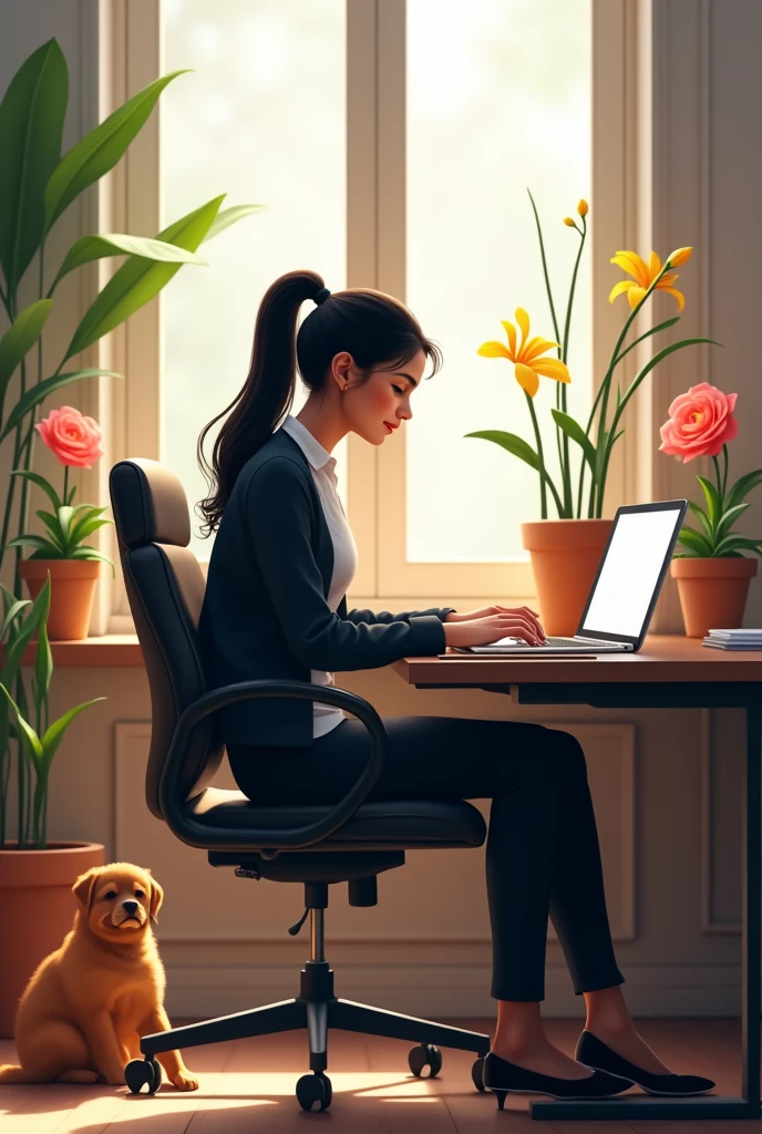 Pure 23 years nepali girl, sitting on revolving chair, wearing white shirt,black coat and pant, long pony black hair,infront of laptop, golden colour puppy near the girl,flowers on pot at both side ,near window