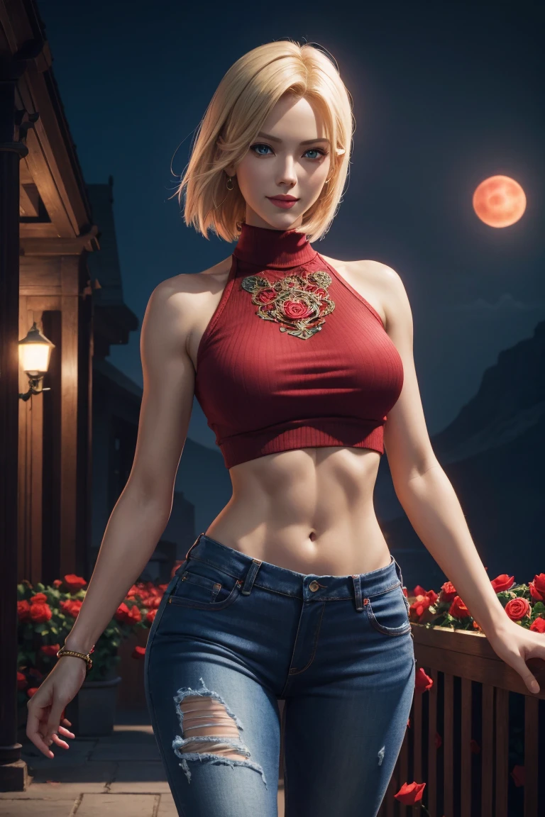 KOF,King of Fighters,Blue Mary,Blue Eyes,Blonde Hair,Medium Hair,Beautiful white skin,Photorealistic,Ultra HD,high quality,masterpiece,Digital SLR,Detailed details,Intricate details,Anatomical basis,Depicted in detail,A detailed face,Realistic skin texture,Vivid details,Perfect Anatomy,Perfect Anatomy,Anatomically correct hand,Anatomically correct fingers,Super Detail,Complex 3D rendering,Sexy pose,Red knit sleeveless top,jeans,Fantasy worldview,Beautiful red sea,Beautiful Red Moon,Beautiful night sky,Petals of roses dance,Picturesque,Pink Lips,smile,