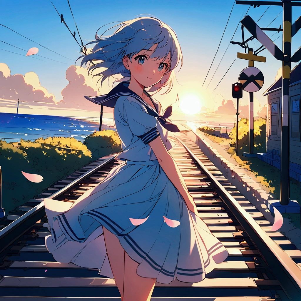 Blue sky, railroad crossing, summer, youth, sailor girl, petals, nostalgic, railroad tracks, sea, strong sunlight