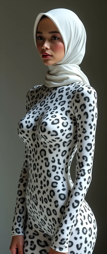 The most beautiful,thin,most pretty and clever Asian muslimah adult girl wears white leopard print lycra turtleneck unitard catsuit covered with spots.She always wear white leopard print lycra dancewear stretchy square hijab covered with many spots.She is crying into tears.