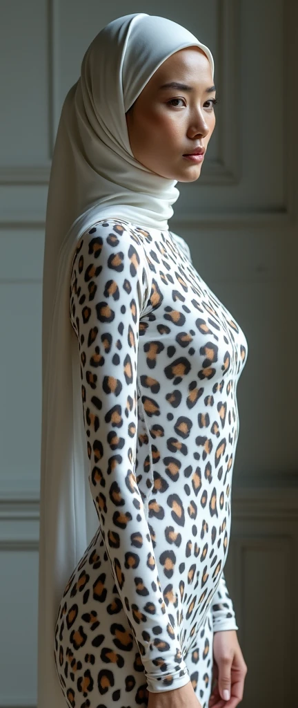 The most beautiful,thin,most pretty and clever Asian muslimah adult girl wears white leopard print lycra turtleneck unitard catsuit covered with spots.She always wear white leopard print lycra dancewear stretchy square hijab covered with many spots.She is crying into tears.