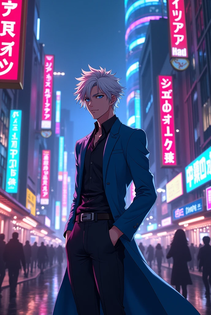 Gojo sataro in city with neon light attitude smile