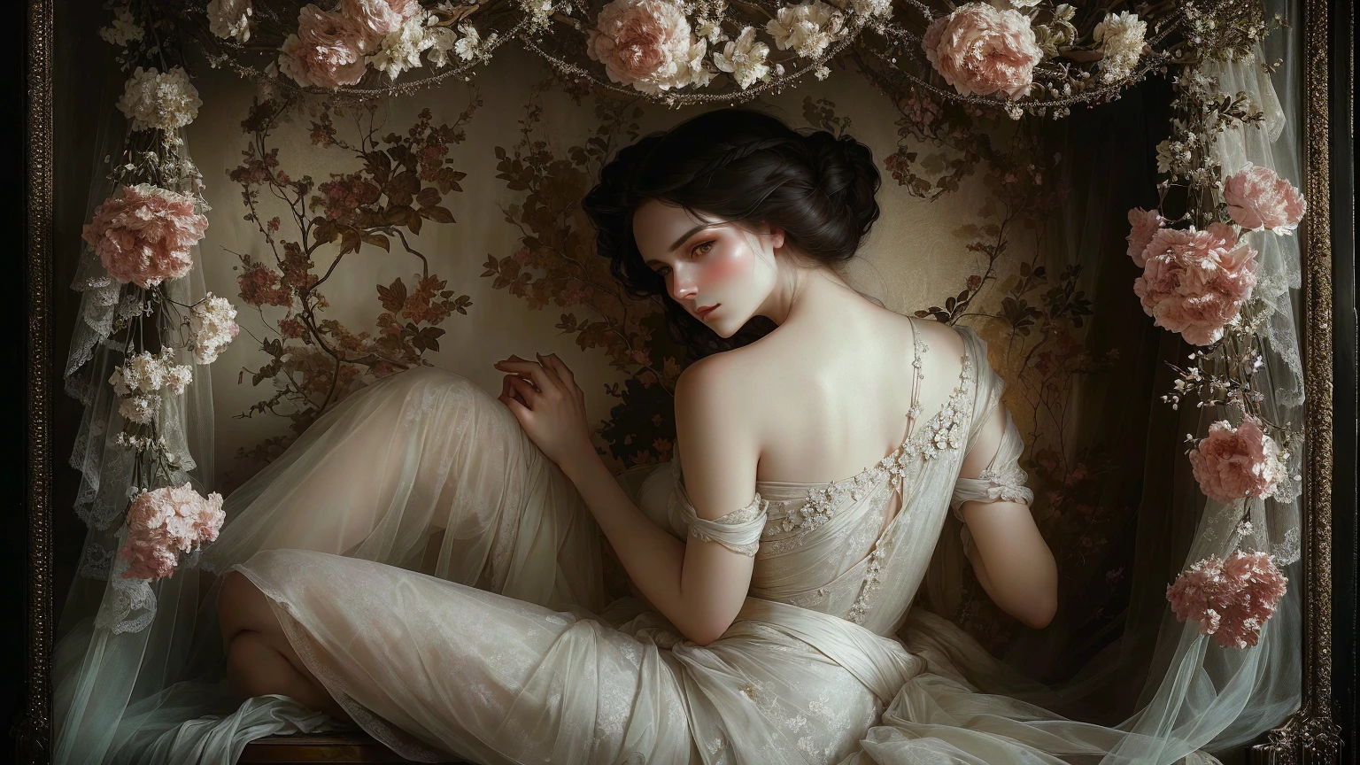 there is a woman sitting in a chair with a dress on and the man stand far away to looking to her back, inspired by Pierre Auguste Cot, fine art fashion photography, monia merlo, inspired by Anka Zhuravleva, lovely languid princess, romanticism portrait, sergey zabelin, draped in velvet and flowers, ethereal beauty, elegant lady with alabaster skin, elegant portrait, alexey egorov