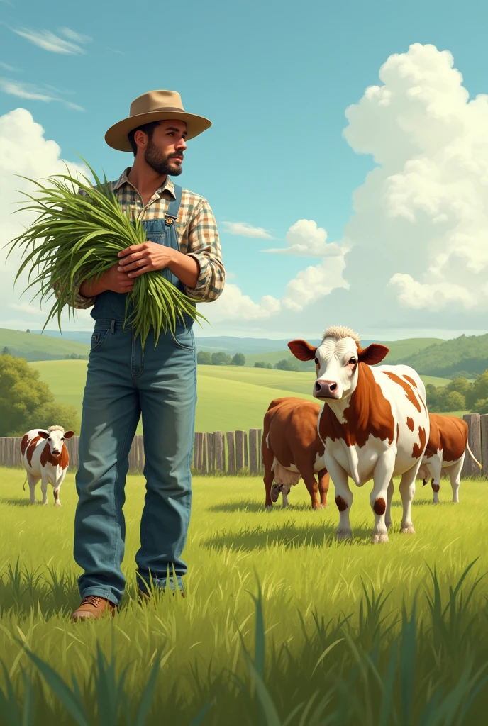 There are many cows in the pasture. A 20-year-old man wearing a vintage farmer&#39;s uniform is holding grass and preparing to feed the cows.