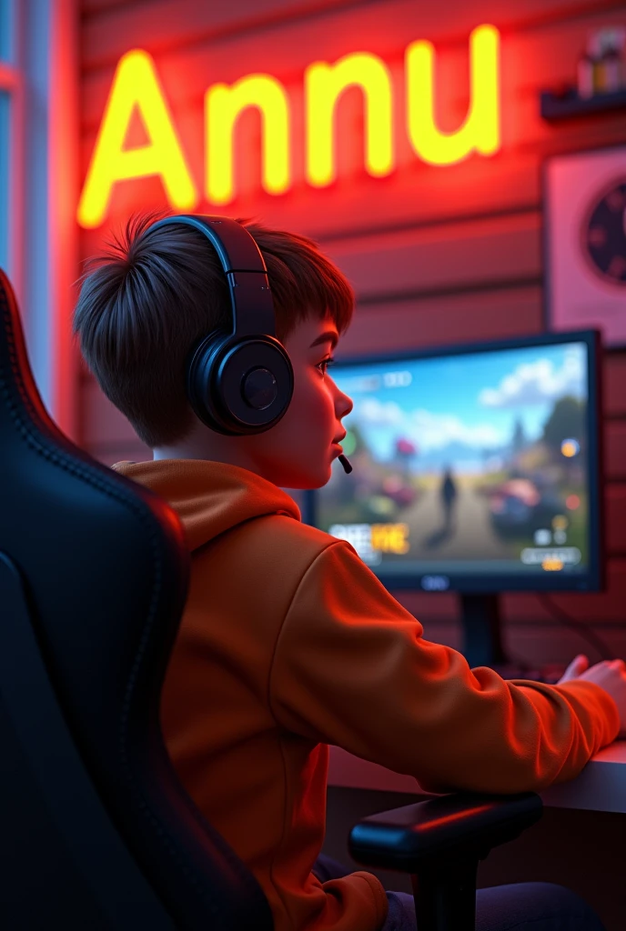 Create A 3D Realistic image of a Boy sitting in gaming room on gaming chair and playing on Free Fire application on his pc. The girl must wear dark orang hoodie headphones And his name "Annu Gaming" is Written on the wall with orange colour neon light.