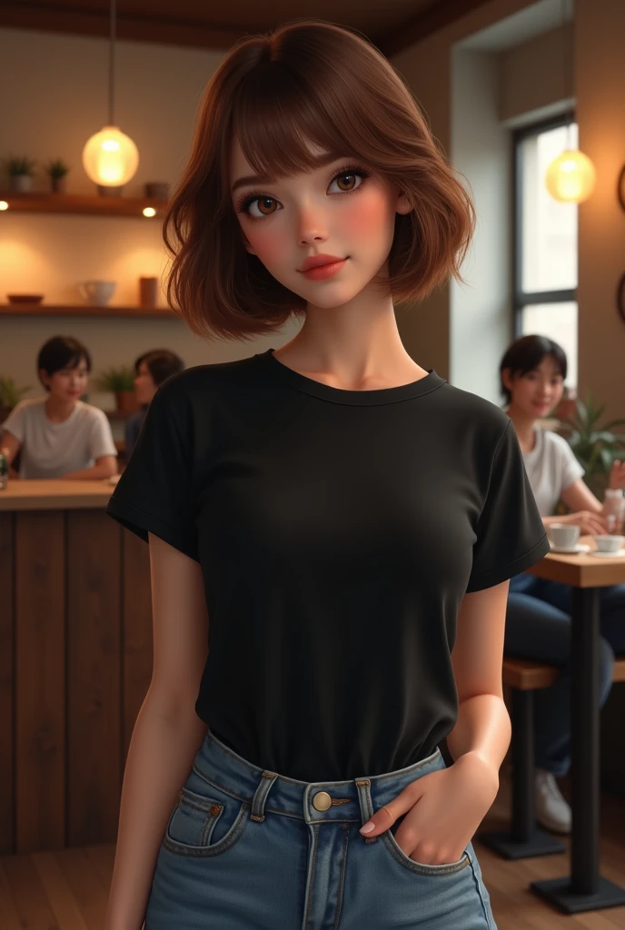 A photorealistic portrait of a captivatingly beautiful 1 girl, with a chic bob and dyed a fascinating brown, wearing a simple black t-shirt and jeans that highlight her natural beauty. Big tits. The background should depict a relaxed coffee shop, with soft lighting, comfortable seating and people enjoying their coffee and conversation. The girl's expression should be one of peace and contentment, showing her joy in the moment. ,SD 1.5 
